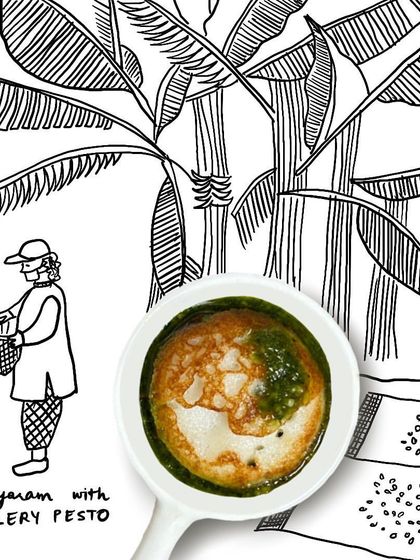 A creative fusion of South Indian Paniyarams with my Celery Pesto. The soft, fluffy rice cakes are a perfect match for the zesty, nutty flavor of the pesto.