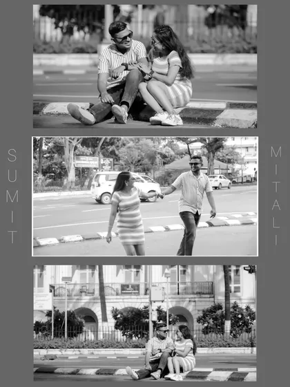 A black and white collage capturing candid moments of the couple on a city street. These photos, showing them walking and sitting by the roadside, create a timeless, documentary-style narrative of their life together before the baby arrives.