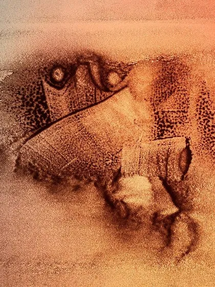 An untitled abstract sand painting with a mysterious, creature-like form. My experimental work often explores shapes that emerge organically from the sand.