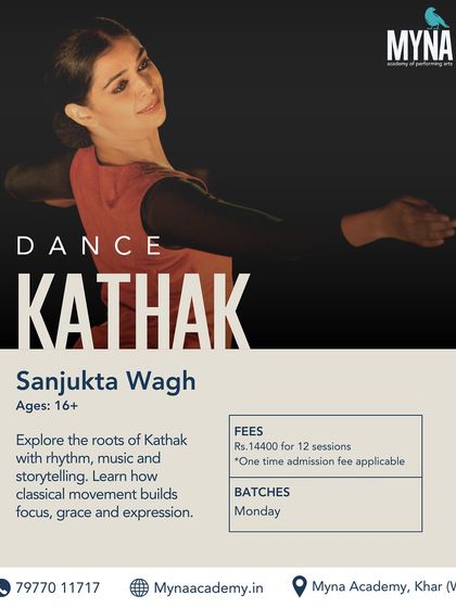 Explore the roots of Kathak with rhythm, music, and storytelling. This poster details our Kathak program with Sanjukta Wagh, where you can learn how classical movement builds focus and grace.