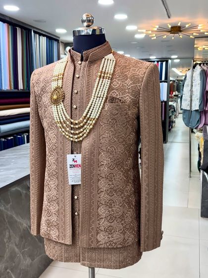 The Mocha Brown Jodhpuri suit displayed in my studio. This shot shows how the complete ensemble, including the necklace, comes together.