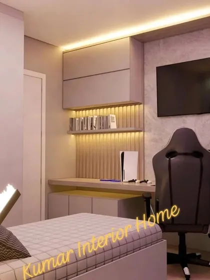 This angle shows the wardrobe and the gaming desk, highlighting the room's storage and entertainment features.