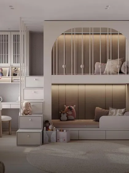 This design showcases a space-saving bunk bed with integrated stairs that double as drawers. The soft, neutral colors and cozy nooks create a perfect shared bedroom for siblings.