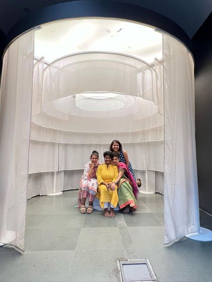 Our artist collective inside the beautiful listening installation for 'Across Deep Time'. This highlights the final presentation of our work in a gallery setting.