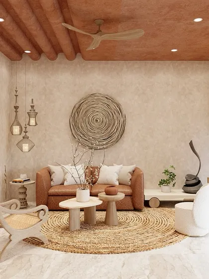 Another view of the multifunctional sanctuary, showcasing the blend of earthy textures, natural materials, and unique art. The space is designed to be a "gentle breath in the rhythm of home."