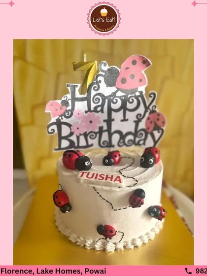 This adorable ladybug-themed cake is perfect for a sweet little one's birthday. I used simple white frosting as a canvas for cute, crawling fondant ladybugs and a matching "Happy Birthday" topper.
