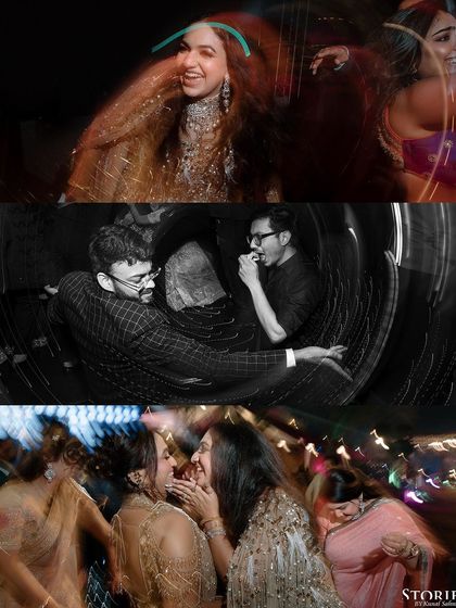 A collage of artistic, motion-blur images from the Sangeet night, capturing the dizzying energy of the dance floor.