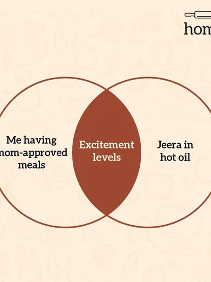 A Venn diagram of pure excitement. The feeling of 'jeera' crackling in hot oil is the same level of excitement as having mom-approved meals.
