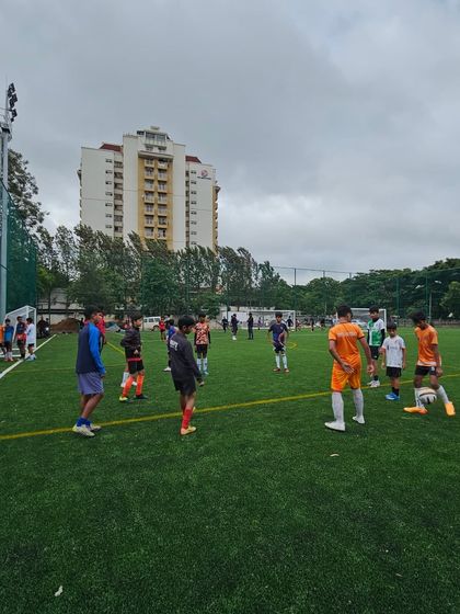A wide view of our I-League trials, with multiple games and drills happening simultaneously across the pitch.