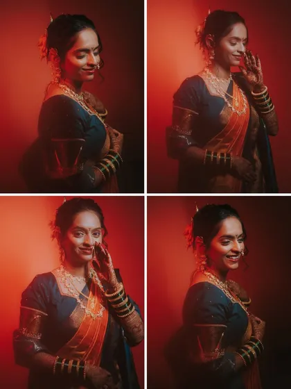 A series of portraits capturing the grace and beauty of a Maharashtrian bride. The warm, dramatic lighting enhances her expressions, from gentle smiles to thoughtful glances.