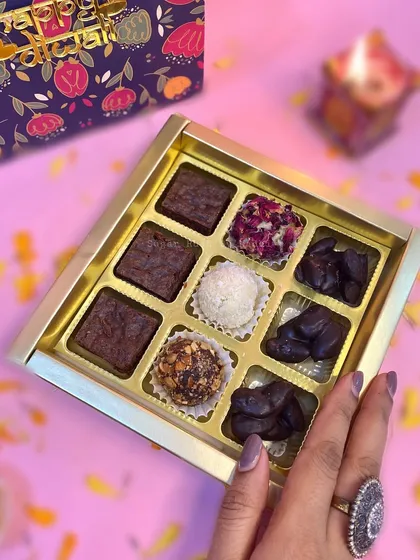 My Diwali 'Sweet Box' is a mix of modern and traditional, with brownie bites, almond rocks, and assorted Indian fusion truffles.
