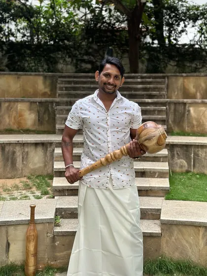 Another Onam photo, holding the Gada. This tool is central to the warrior training I teach.