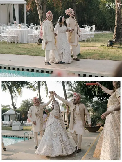 The bride's entrance at an intimate poolside wedding. The family walks her down the aisle, and they celebrate with a shower of petals, creating a beautiful and personal memory.