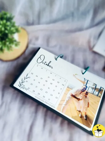 This October page shows a sweet father-son moment. I can customize each month with any photo you love.