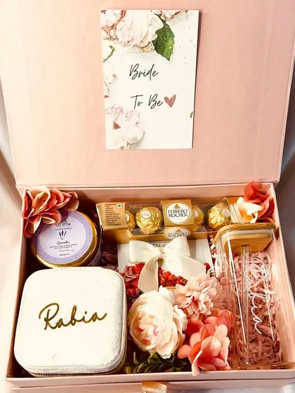 A friend of the bride wanted a special gift, and we were so happy to create this for her. This 'Bride to Be' hamper includes a personalized jewelry box, a custom sipper, and other pampering goodies for her to enjoy.