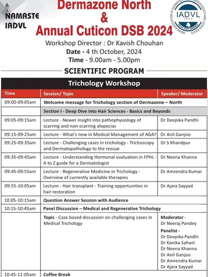 This is the scientific program for the Trichology Workshop at Dermazone North. I helped structure this program to cover a wide range of topics, from the basics of hair science to advanced regenerative medicine.