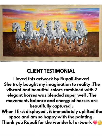 Nothing makes me happier than seeing my art uplift a space. This client testimonial for my 7 elegant horses painting speaks to how the vibrant colors and sense of movement brought their imagination to reality.