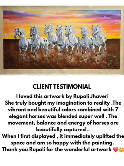 Nothing makes me happier than seeing my art uplift a space. This client testimonial for my 7 elegant horses painting speaks to how the vibrant colors and sense of movement brought their imagination to reality.