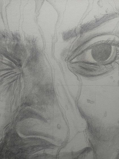 The initial grid sketch for the 'Drip' portrait. This architectural approach helps me ensure all proportions and features are accurate before I commit to oil paint.