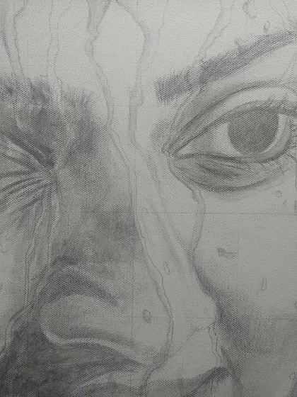 The initial grid sketch for the 'Drip' portrait. This architectural approach helps me ensure all proportions and features are accurate before I commit to oil paint.