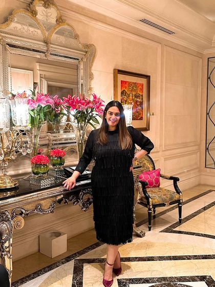 A little black dress with fringe detailing is perfect for a Friday night. This shot at The Leela Palace combines my love for classic style, luxurious interiors, and a good cocktail hour.