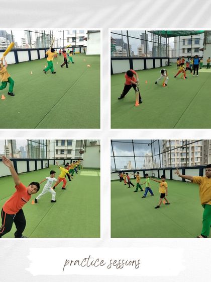 Practice makes perfect. This collage from our rooftop turf facility shows young players engaged in various drills, including batting and catching, to level up their game one session at a time.