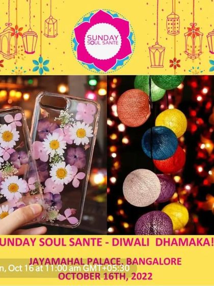 An announcement for my stall at the Sunday Soul Sante Diwali Dhamaka event, featuring my resin phone cases and string lights.
