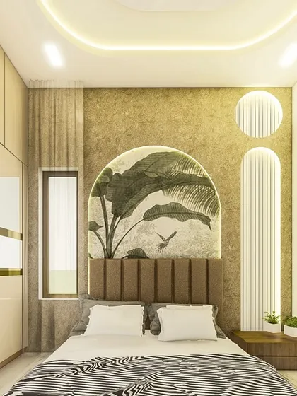 This shot shows the full wall with the glossy wardrobe and the nature-themed accent wall, demonstrating how different textures and finishes can work together beautifully.