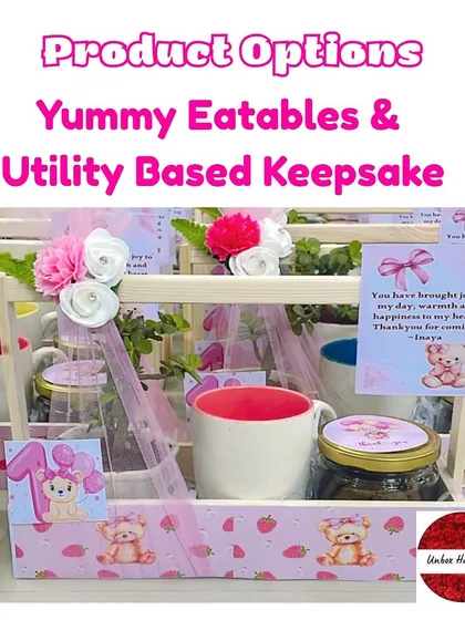 "Product Options: Yummy Eatables & Utility Based Keepsake." This image highlights the combination of a useful mug and a jar of treats in my return gifts.