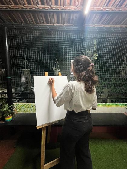 Something is magical about work-in-progress pictures. Here I am at night, sketching out a new idea on a blank canvas, ready to bring another story to life.