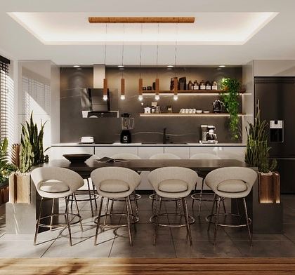 The kitchen and bar area of the terrace sunroom, where small potted plants on shelves and larger floor planters add life to the sleek, modern design.