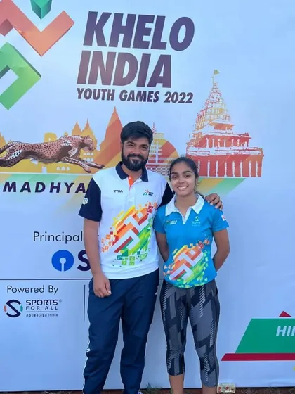Representing our state at the Khelo India Youth Games 2023. A proud moment for me as a coach, standing with our talented player Hannah Nagpall in Madhya Pradesh.