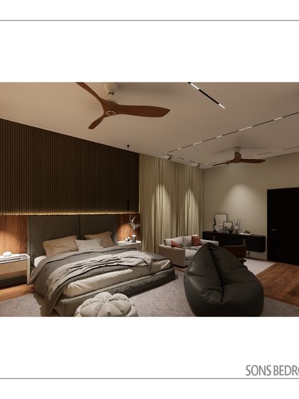 This view of the son's bedroom shows the balance between the sleeping area and a small, informal seating arrangement. The design is modern, masculine, and tailored to a youthful lifestyle.