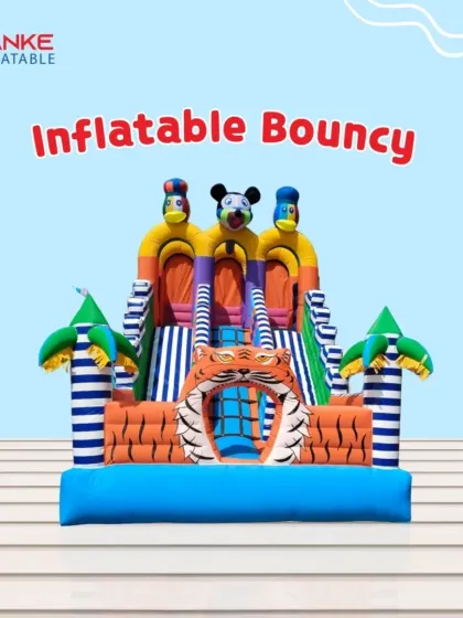 A graphic showing a tiger-themed bouncy slide. Kids enter through the tiger's mouth to climb up the slide, which is a fun detail.
