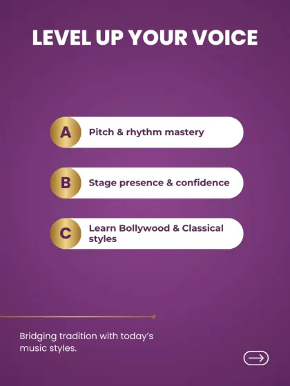 This graphic is part of a series on leveling up your voice. It highlights the skills you will master at the academy, including pitch and rhythm, stage presence, and learning both Bollywood and Classical styles.