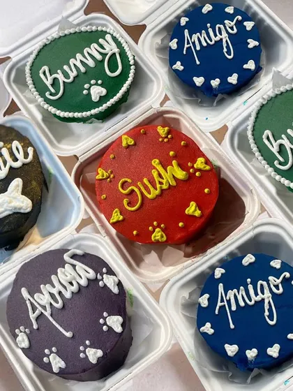 One size doesn't fit all! Our popular bento cakes are perfect for a personal treat. We can customize the color, flavor, and write your dog's name right on top.