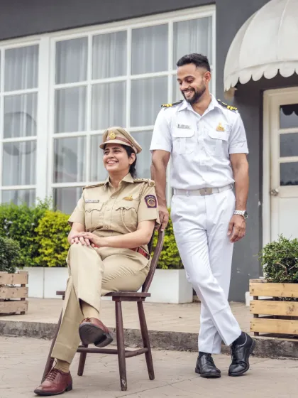 A unique and personal pre-wedding concept celebrating the couple's professions. She in her police uniform and he in his naval officer attire, this shoot is a powerful representation of their individual identities and shared journey.