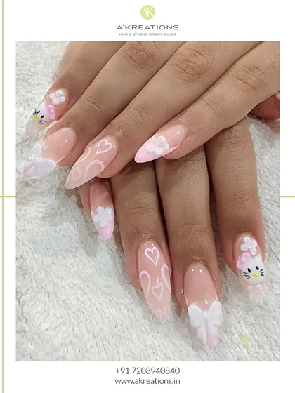 A detailed close-up of the hand-painted Hello Kitty face and 3D bow. I take pride in getting these little details just right to make your themed nails perfect.