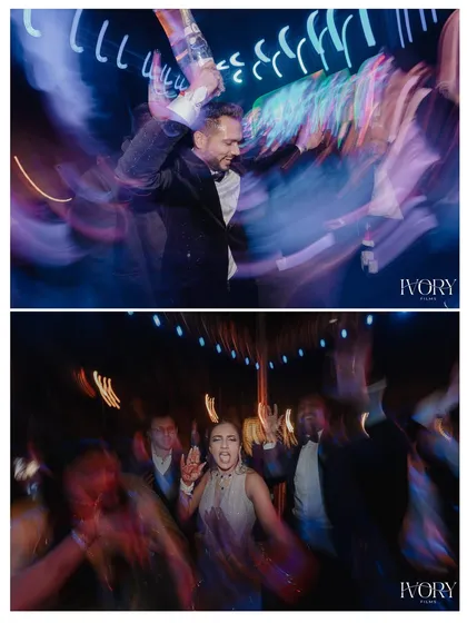 The wild energy of the party captured with motion blur. These images convey the feeling of being on the dance floor, surrounded by music, lights, and celebration.