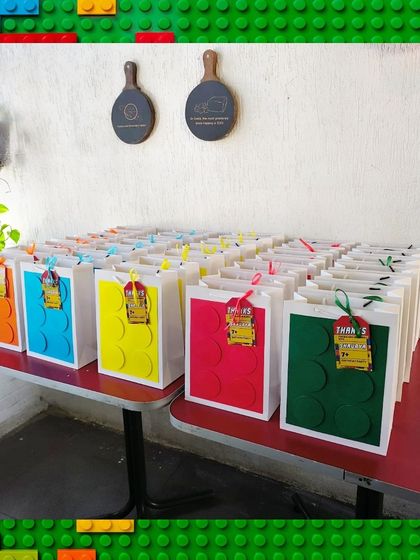 A large order of the building block hampers, all lined up and ready for a colorful and creative birthday party.