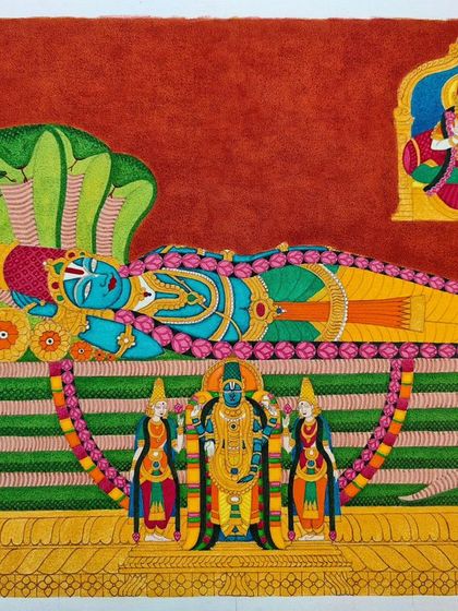 The Lord Ranganathar painting, almost complete. All the colors have been filled in, and the piece is just waiting for the final black outlines to make every detail sharp and clear.