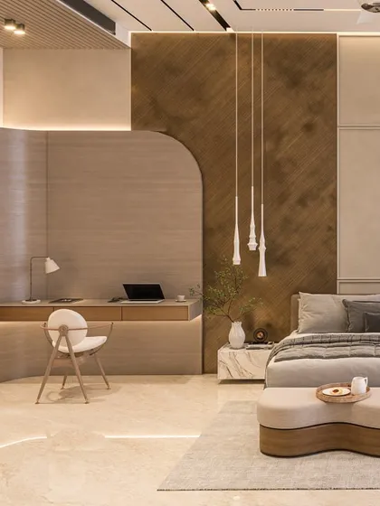 This bedroom includes a beautifully integrated study nook with an arched detail, providing a functional workspace without disrupting the room's serene aesthetic.