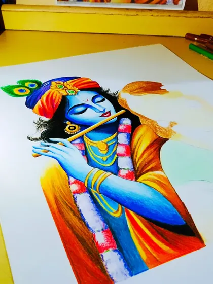 A work-in-progress shot of the Radha Krishna color portrait. You can see the layers of color being built up on Krishna's face and clothing.