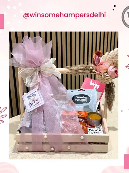 Another angle of this beautiful custom hamper, showing the careful arrangement of snacks and decorative elements.