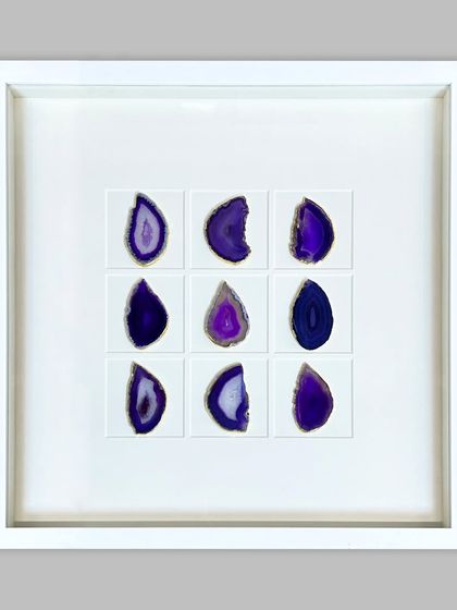 The 'Amethyst' version of my framed agate stone series. The deep purples of the stones create a rich, luxurious feel against the stark white background.