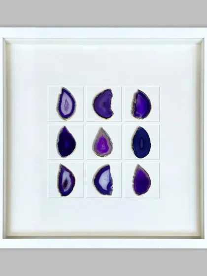 The 'Amethyst' version of my framed agate stone series. The deep purples of the stones create a rich, luxurious feel against the stark white background.
