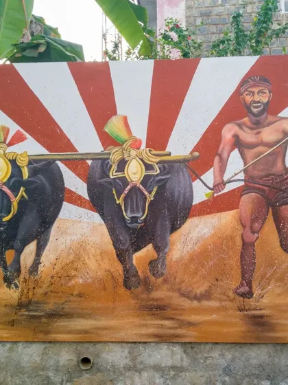Capturing the speed and spirit of Tulunad's traditional sport, this Kambala mural was a public art project for the Department of Posts. We take pride in bringing local culture to public walls.