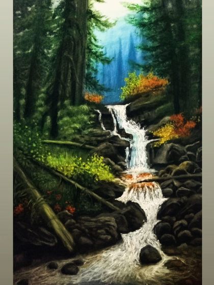 The completed forest waterfall landscape. This realistic painting shows the water cascading down mossy rocks, surrounded by the deep greens and autumn colors of the forest.
