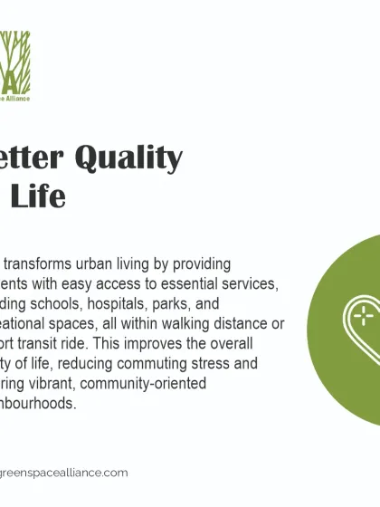 This infographic highlights how TOD provides a better quality of life. Our designs give residents easy access to essential services, schools, parks, and recreation, reducing commuting stress and fostering vibrant, community-oriented neighborhoods.