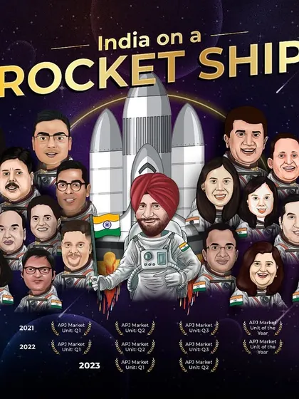 A large group caricature created for a corporate team to celebrate their success. I can illustrate entire teams in a creative theme, like this "India on a Rocket Ship" concept, perfect for company awards and events.